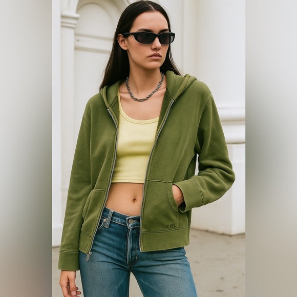 Madewell MWL Long Sleeve Full Zip Hoodie Sweatshirt Green Womens Jacket Cotton M - Picture 1 of 6